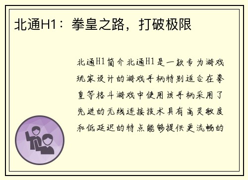 北通H1：拳皇之路，打破极限
